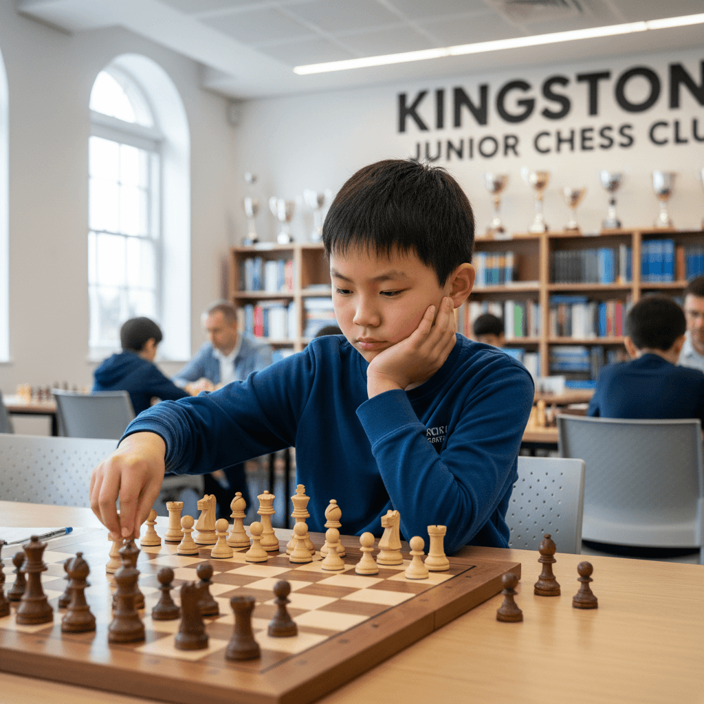 Young Asian chess player focused on a game at Kingston Junior Chess Club.