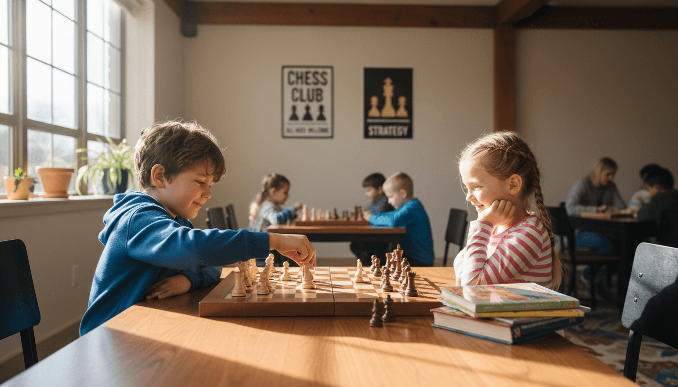 Two children playing chess at a table in a bright room