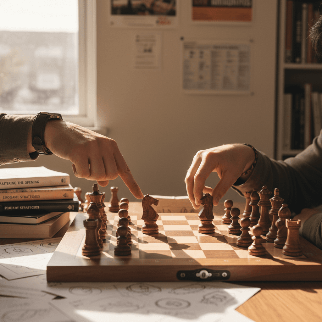 Chess instructor guiding student's hand over wooden board during strategic lesson in naturally lit classroom