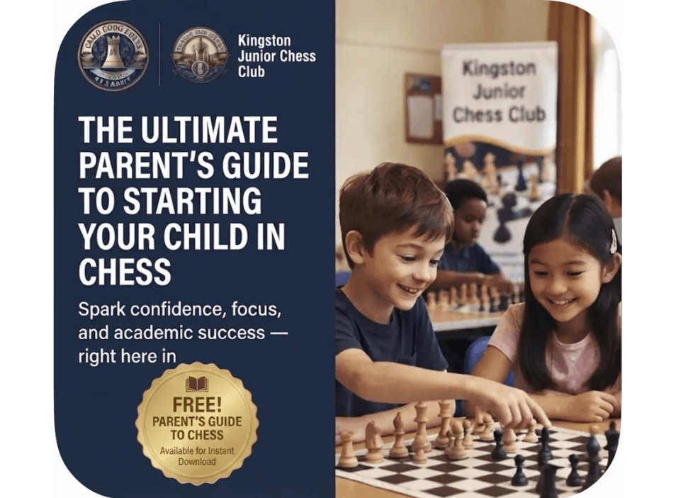 Children playing chess next to text for Kingston Junior Chess Club's free parent's guide.